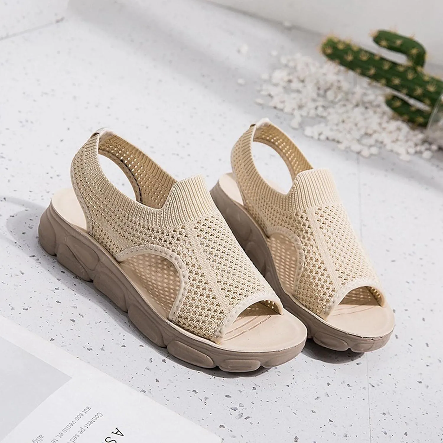 Mesh Breathable Sandals for Women Summer Casual Fish Mouth Open Toe Slip on Wedge Platform Sandals Comfortable Ladies Outdoor Beach Shoes Sandalias