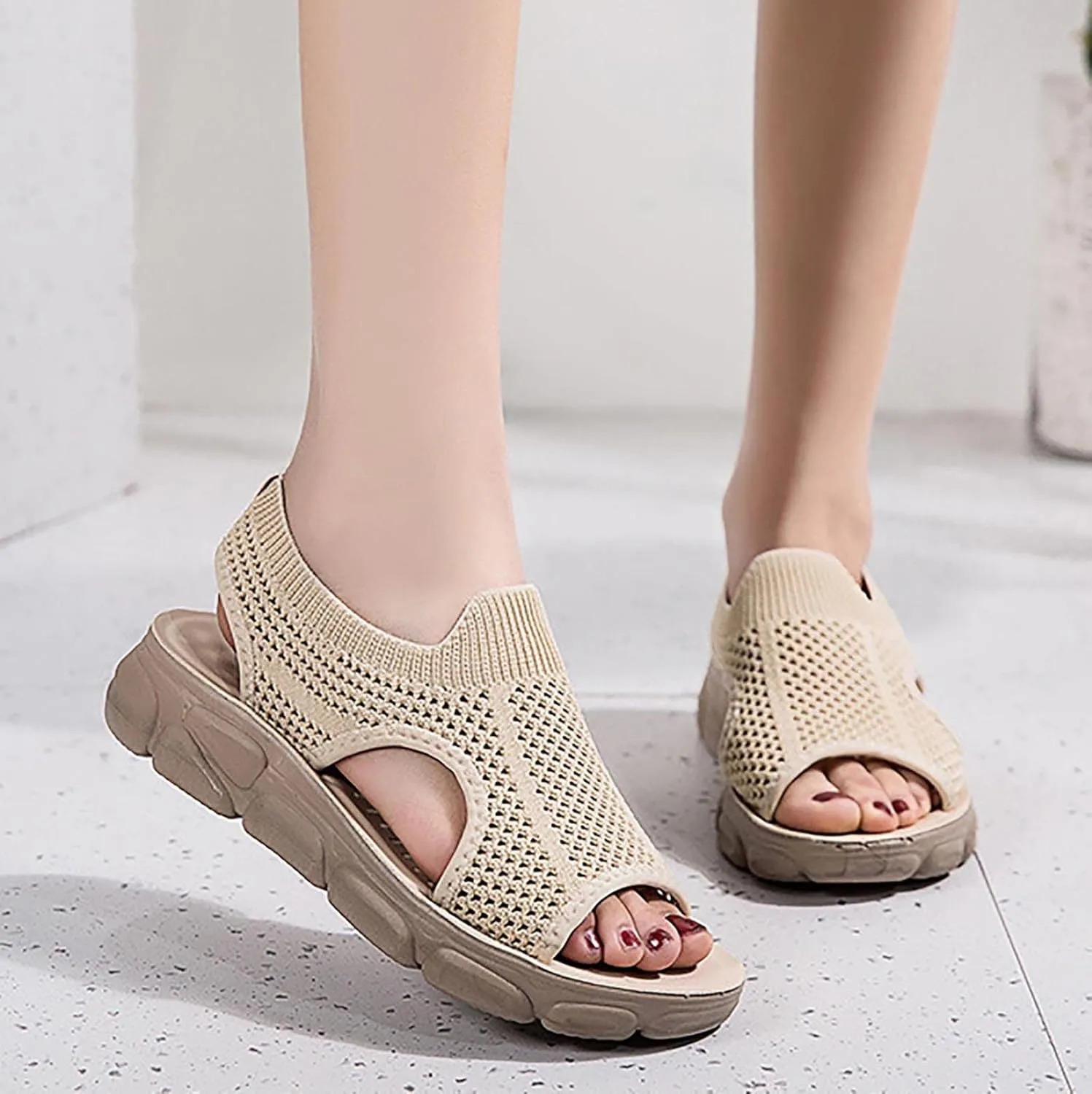 Mesh Breathable Sandals for Women Summer Casual Fish Mouth Open Toe Slip on Wedge Platform Sandals Comfortable Ladies Outdoor Beach Shoes Sandalias