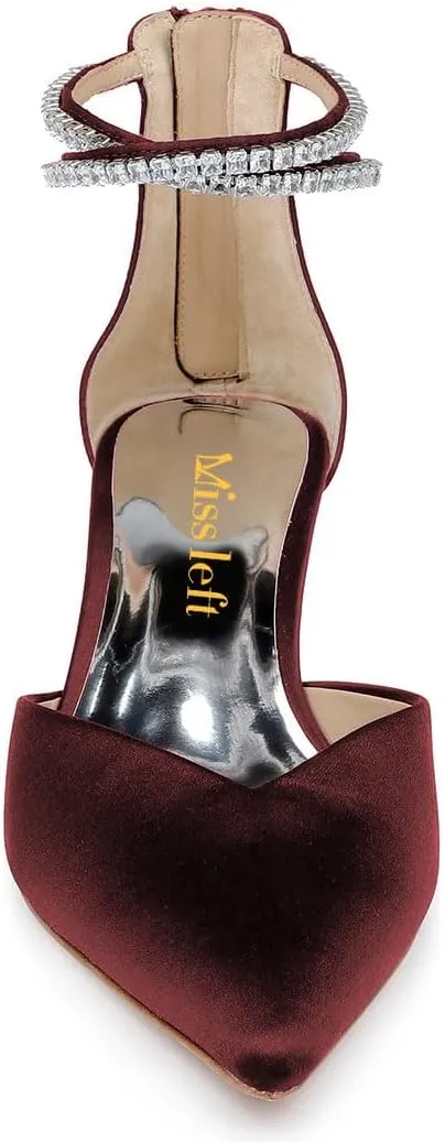 miss left Women Sparkly Rhinestone Ankle Strap Pumps Low Kitten Heel Pointed Toe D'Orsay Sandals with Zip Bridal Shoes Size 4-16 US