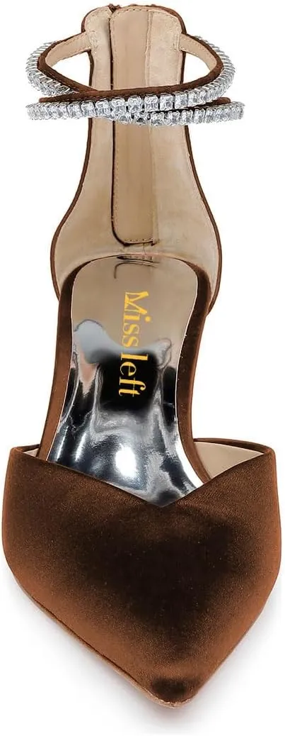 miss left Women Sparkly Rhinestone Ankle Strap Pumps Low Kitten Heel Pointed Toe D'Orsay Sandals with Zip Bridal Shoes Size 4-16 US