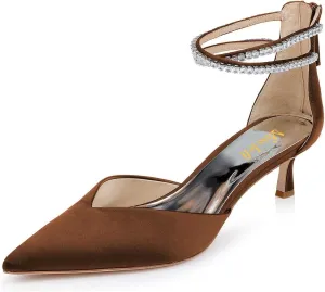 miss left Women Sparkly Rhinestone Ankle Strap Pumps Low Kitten Heel Pointed Toe D'Orsay Sandals with Zip Bridal Shoes Size 4-16 US