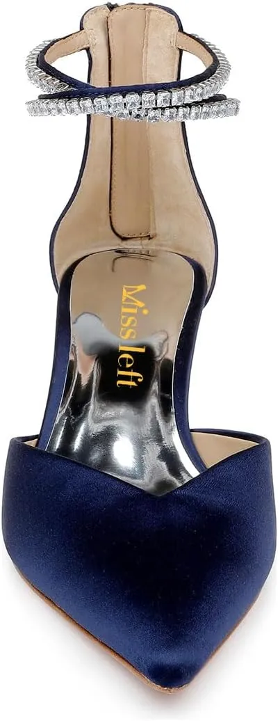 miss left Women Sparkly Rhinestone Ankle Strap Pumps Low Kitten Heel Pointed Toe D'Orsay Sandals with Zip Bridal Shoes Size 4-16 US
