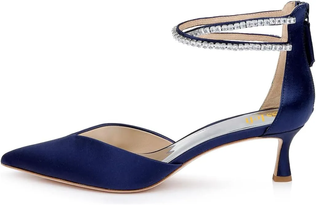 miss left Women Sparkly Rhinestone Ankle Strap Pumps Low Kitten Heel Pointed Toe D'Orsay Sandals with Zip Bridal Shoes Size 4-16 US