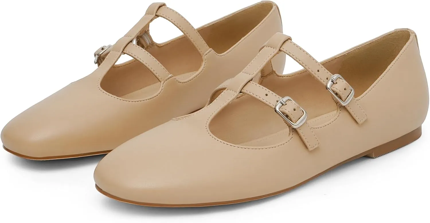 Modatope Mary Jane Flats for Women Ballet Flats Closed Round Toe Two Strap Casual Work Party