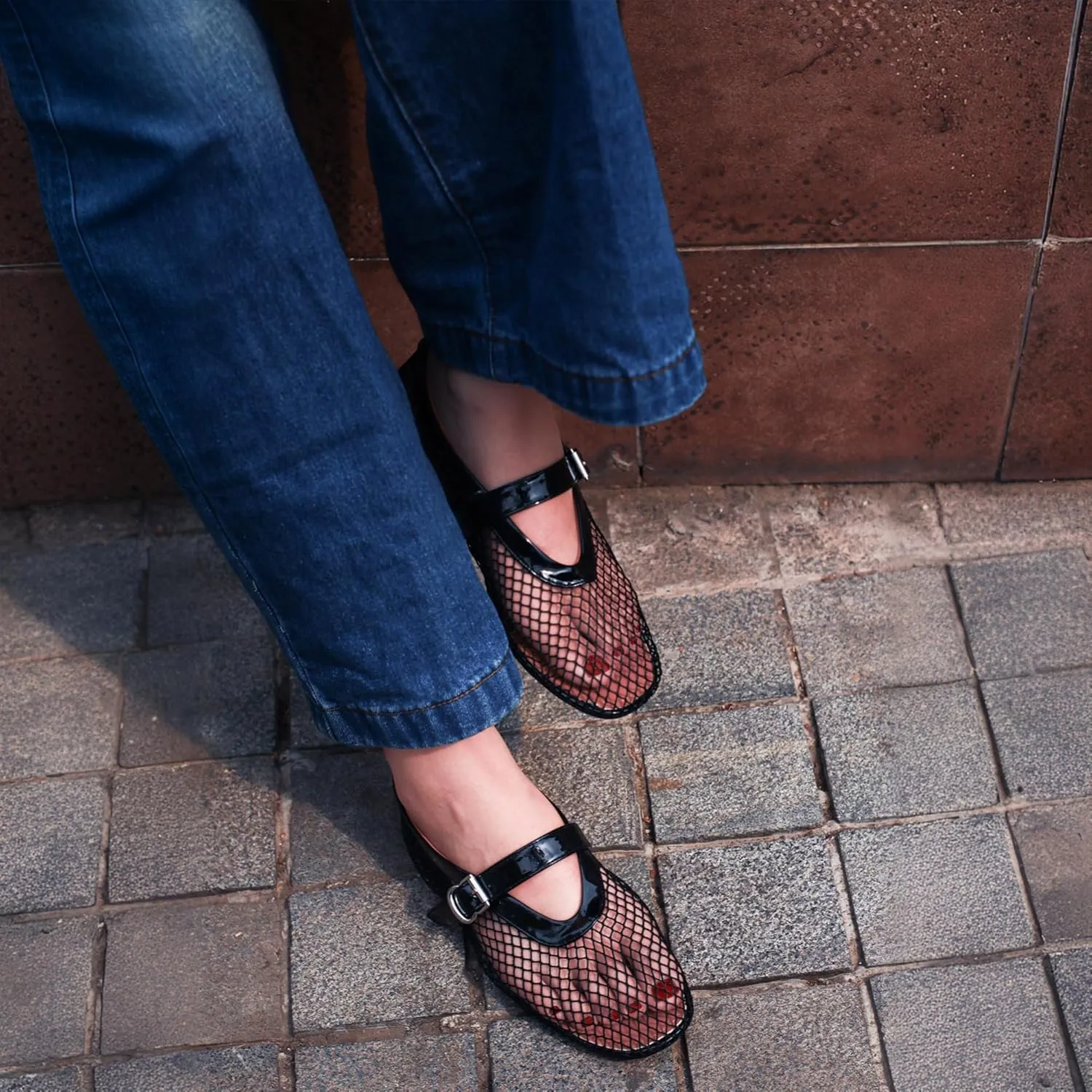 MUCCCUTE Mesh Ballet Flats for Women Mary Jane Flats Ballerina Round Toe Buckle Strap Fishnet Patent Leather Trimmed Comfy Shoes