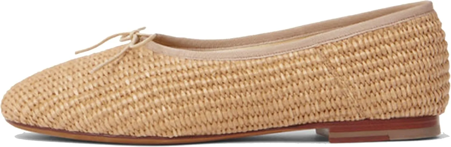 Nude Ballet Flats Shoes for Women Cute Bows with Comfortable Round Toe Elegance Stylish Low Stacked Heel Natural Raffia Woven Design for Casual Wear Size 7.5