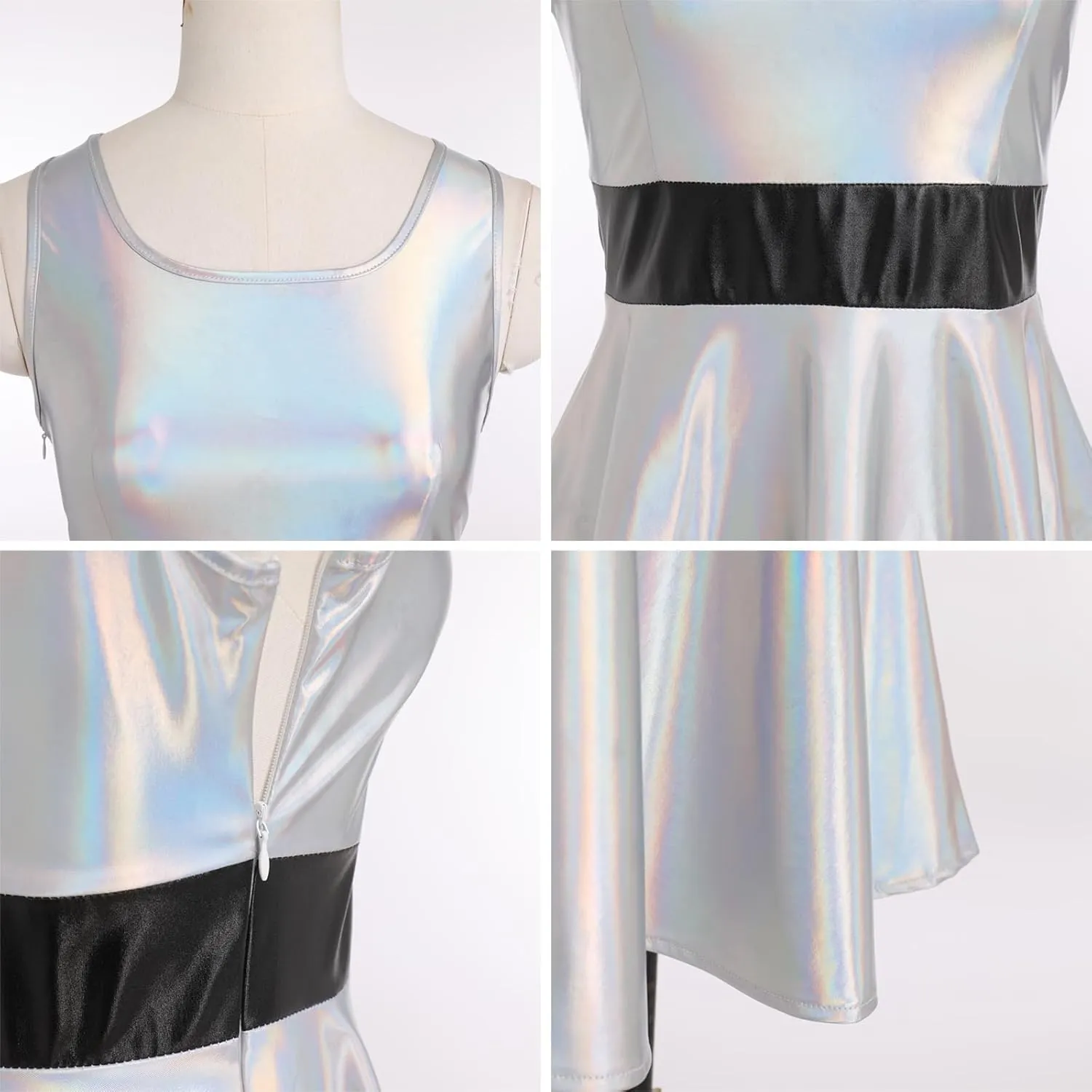 ODASDO Women Holographic Dress Shiny Metallic Skater Dresses 80s 90s Halloween Costume Party Disco Ball Dance Clubwear