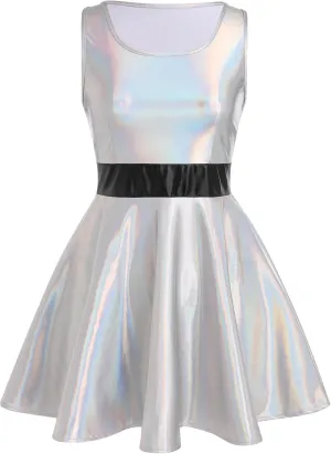 ODASDO Women Holographic Dress Shiny Metallic Skater Dresses 80s 90s Halloween Costume Party Disco Ball Dance Clubwear