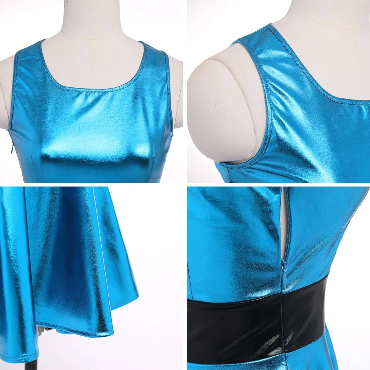 ODASDO Women Holographic Dress Shiny Metallic Skater Dresses 80s 90s Halloween Costume Party Disco Ball Dance Clubwear