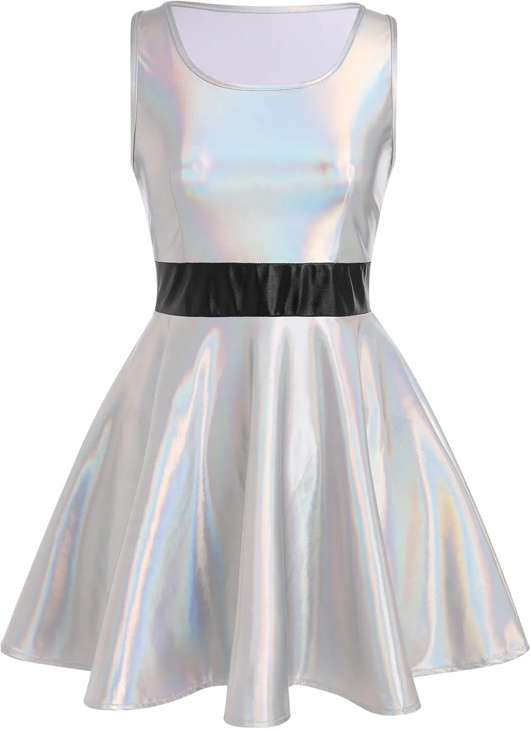ODASDO Women Holographic Dress Shiny Metallic Skater Dresses 80s 90s Halloween Costume Party Disco Ball Dance Clubwear