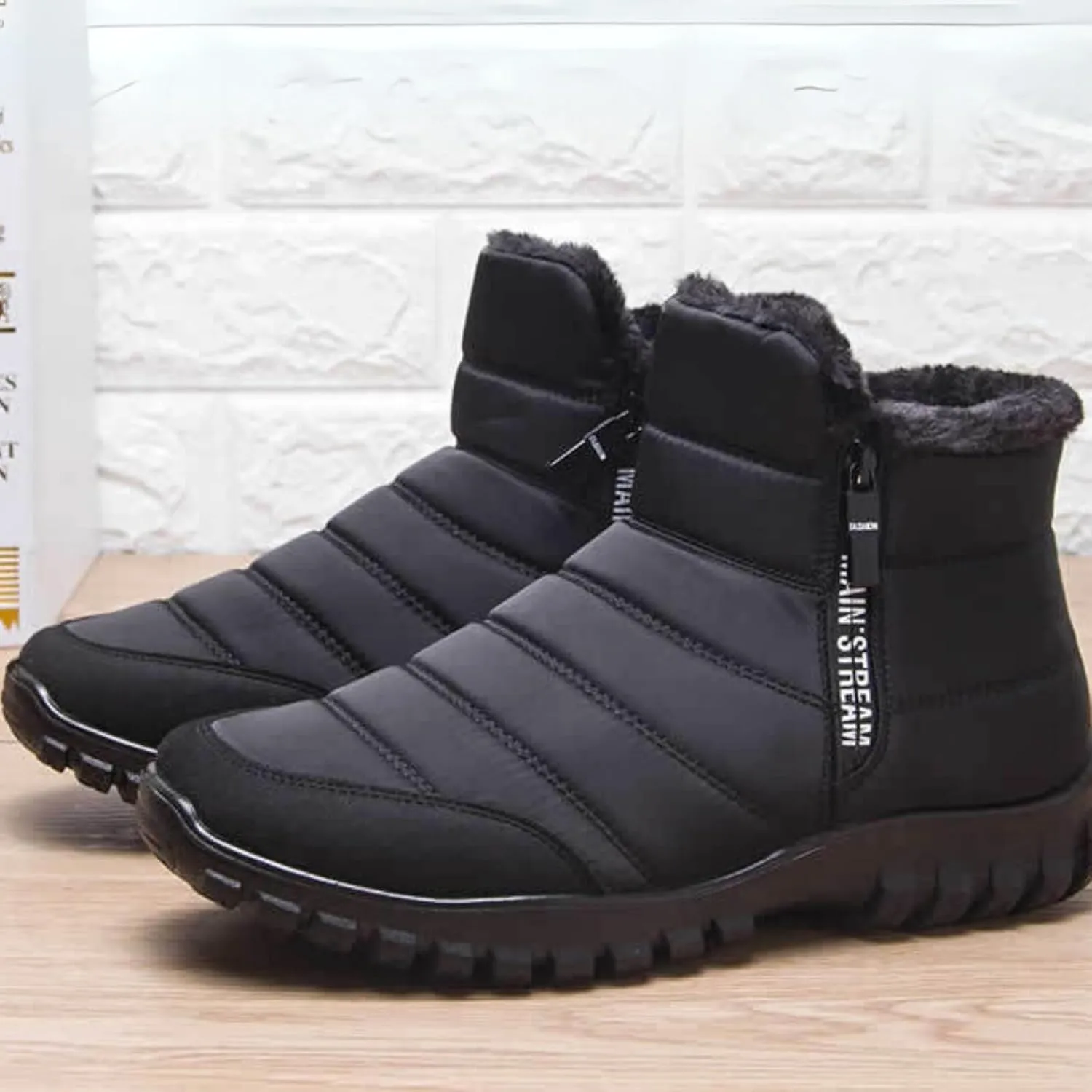 OrthoFit Winter Ankle Boots Mens Waterproof Snow Boots Fur Lined Warm Ankle Boots Zipper Closure Slip on Comfortable Walking Shoes