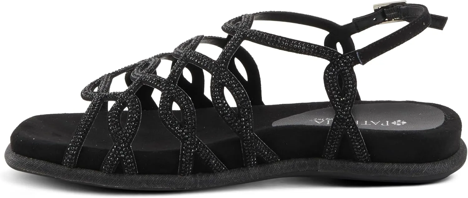 PATRIZIA Women's GLAMGLOSS Flat Sandal – Jeweled Rhinestone Microsuede Open Toe Sandals with Adjustable Buckle