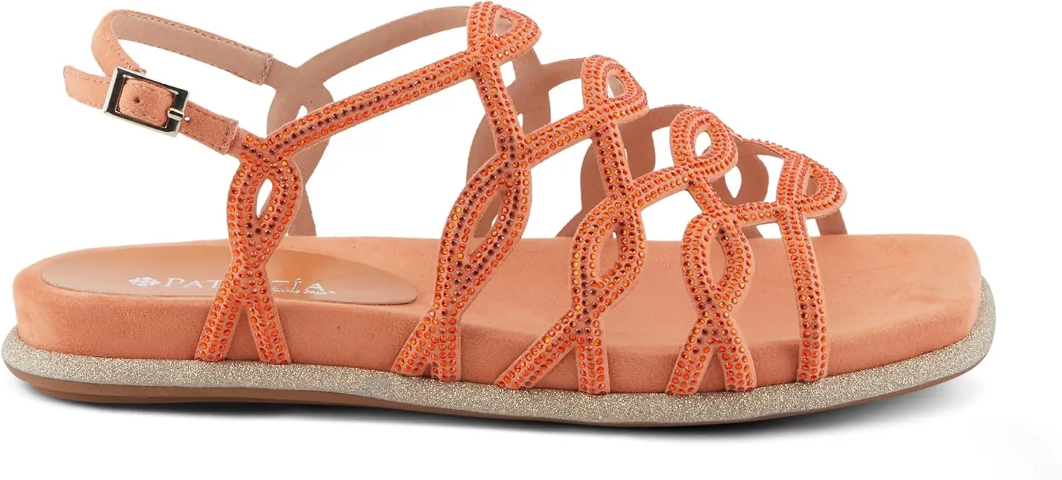 PATRIZIA Women's GLAMGLOSS Flat Sandal – Jeweled Rhinestone Microsuede Open Toe Sandals with Adjustable Buckle
