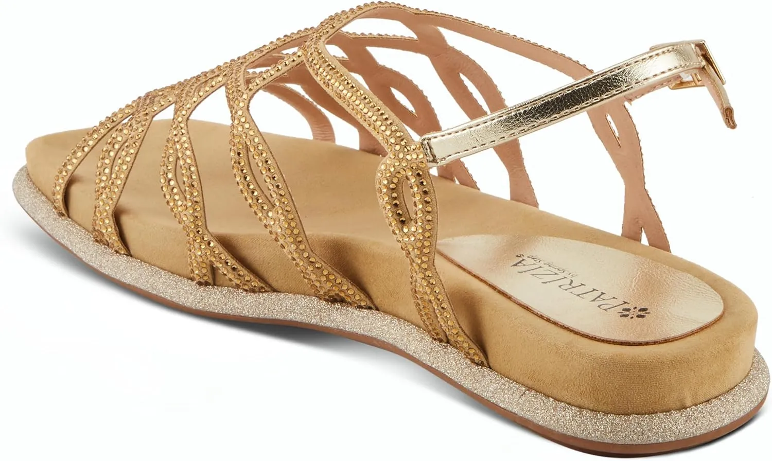 PATRIZIA Women's GLAMGLOSS Flat Sandal – Jeweled Rhinestone Microsuede Open Toe Sandals with Adjustable Buckle
