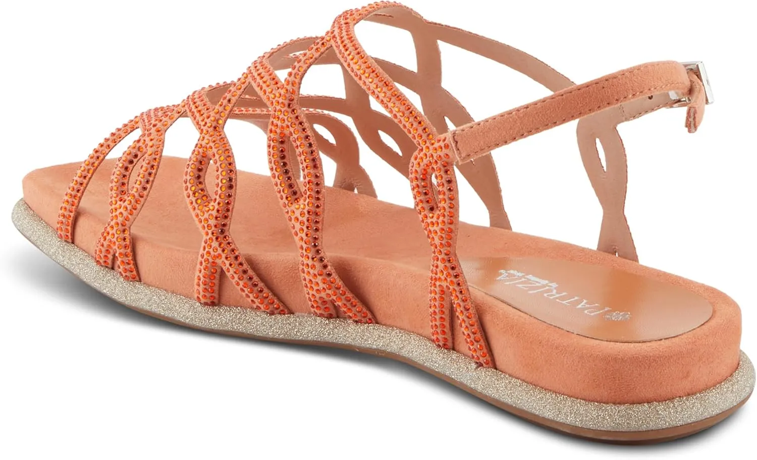 PATRIZIA Women's GLAMGLOSS Flat Sandal – Jeweled Rhinestone Microsuede Open Toe Sandals with Adjustable Buckle
