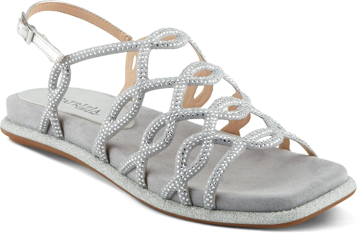 PATRIZIA Women's GLAMGLOSS Flat Sandal – Jeweled Rhinestone Microsuede Open Toe Sandals with Adjustable Buckle