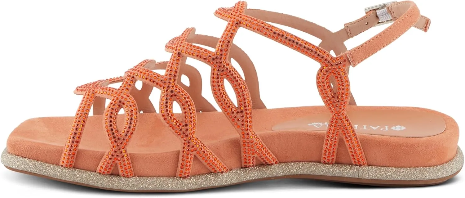 PATRIZIA Women's GLAMGLOSS Flat Sandal – Jeweled Rhinestone Microsuede Open Toe Sandals with Adjustable Buckle
