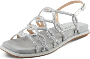 PATRIZIA Women's GLAMGLOSS Flat Sandal – Jeweled Rhinestone Microsuede Open Toe Sandals with Adjustable Buckle