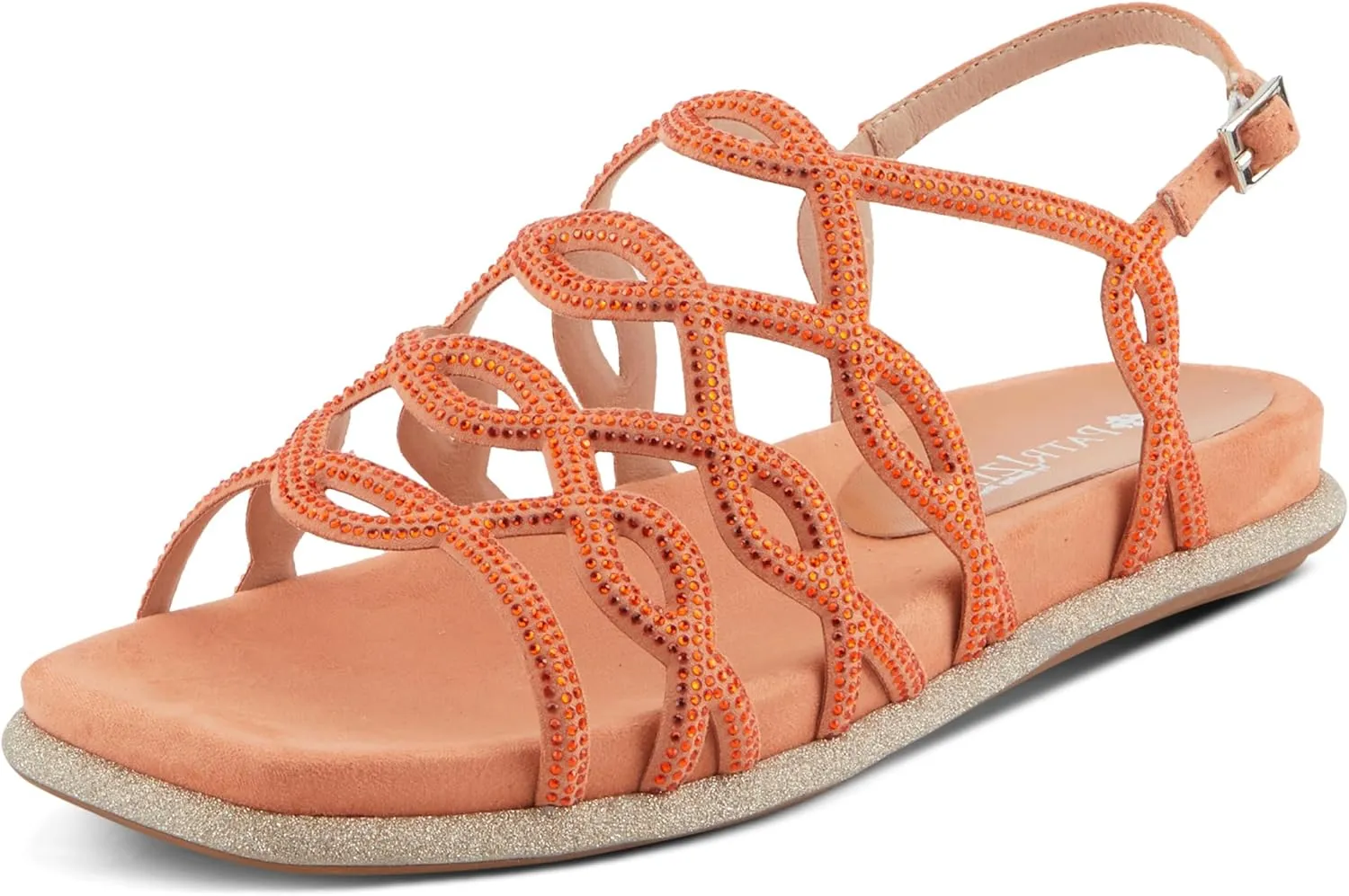 PATRIZIA Women's GLAMGLOSS Flat Sandal – Jeweled Rhinestone Microsuede Open Toe Sandals with Adjustable Buckle