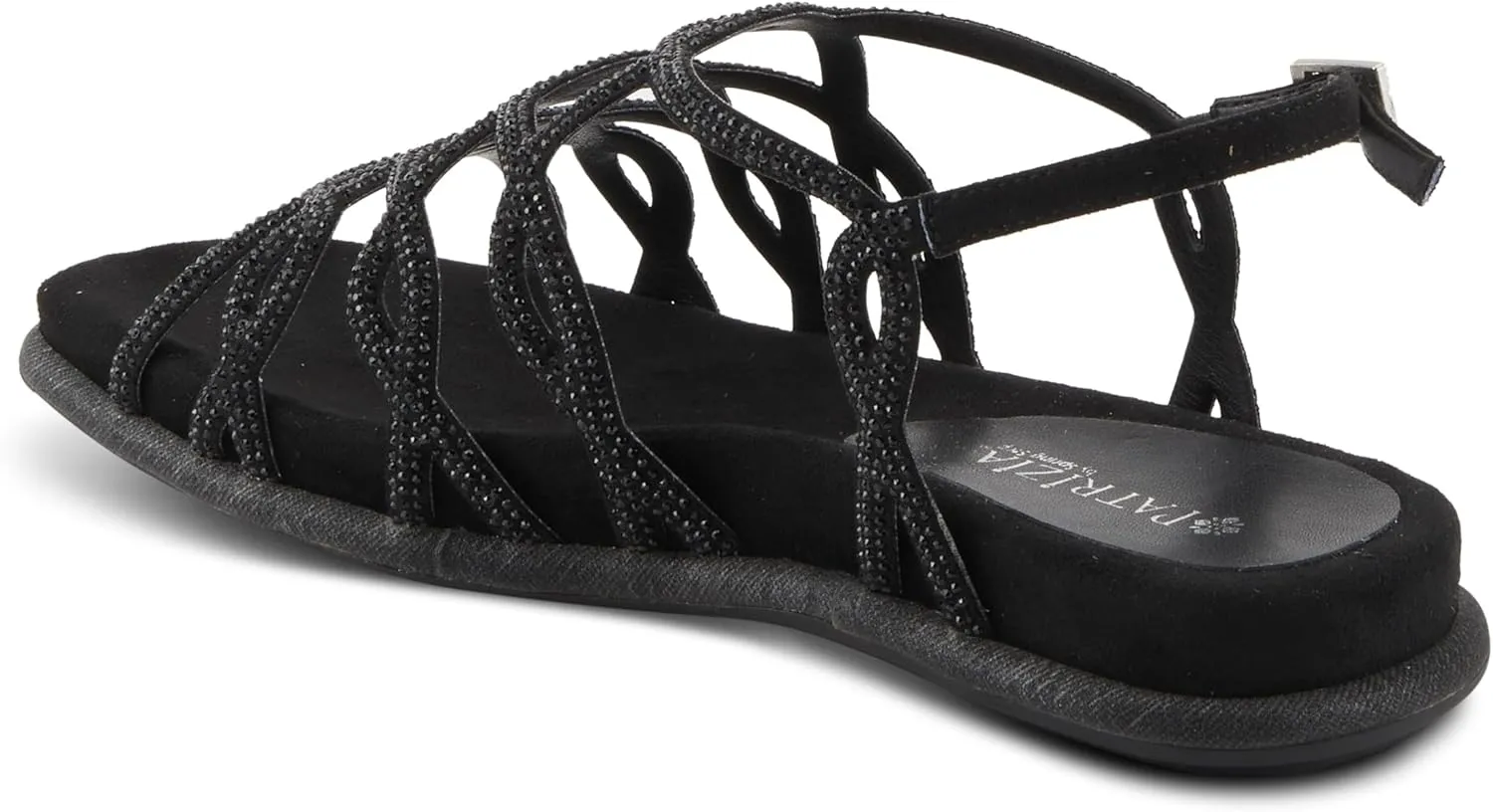PATRIZIA Women's GLAMGLOSS Flat Sandal – Jeweled Rhinestone Microsuede Open Toe Sandals with Adjustable Buckle