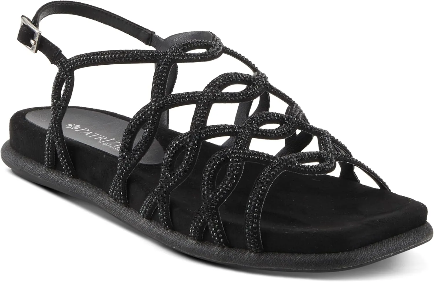 PATRIZIA Women's GLAMGLOSS Flat Sandal – Jeweled Rhinestone Microsuede Open Toe Sandals with Adjustable Buckle