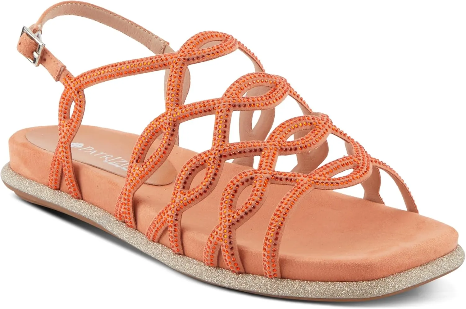 PATRIZIA Women's GLAMGLOSS Flat Sandal – Jeweled Rhinestone Microsuede Open Toe Sandals with Adjustable Buckle