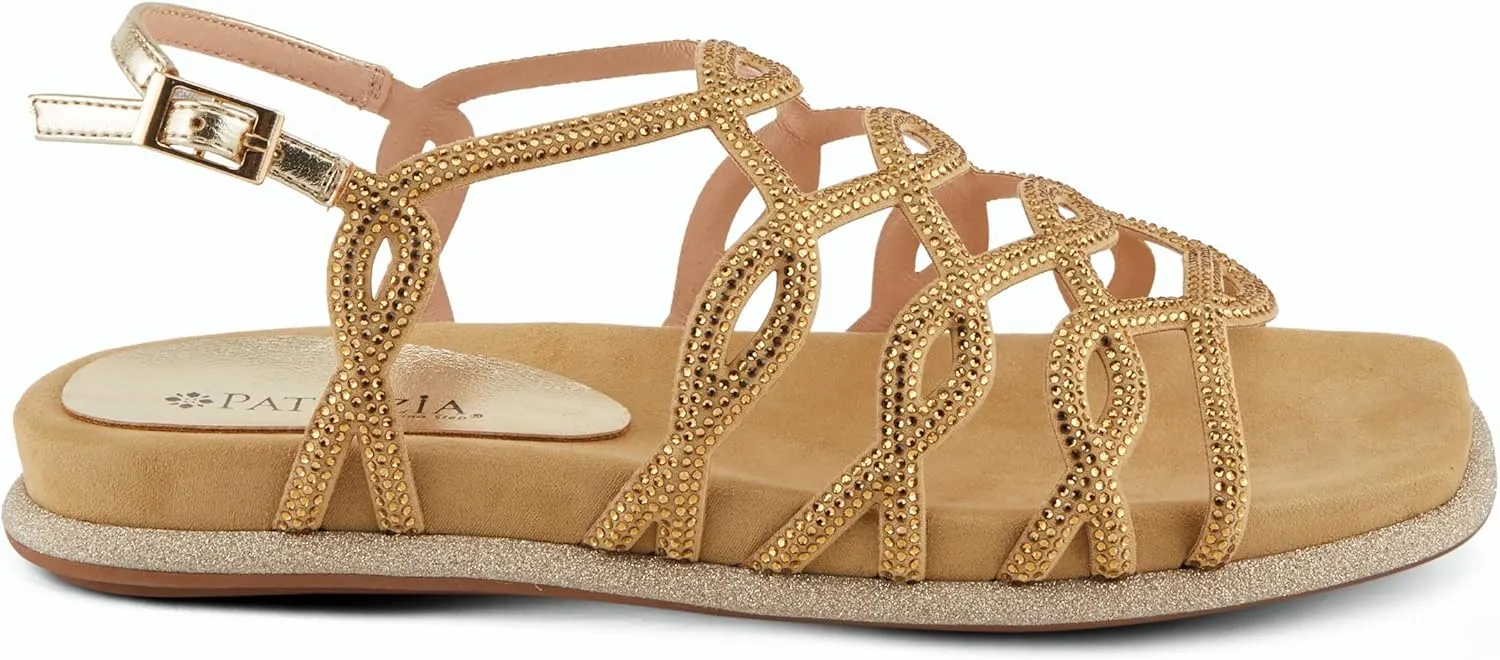 PATRIZIA Women's GLAMGLOSS Flat Sandal – Jeweled Rhinestone Microsuede Open Toe Sandals with Adjustable Buckle