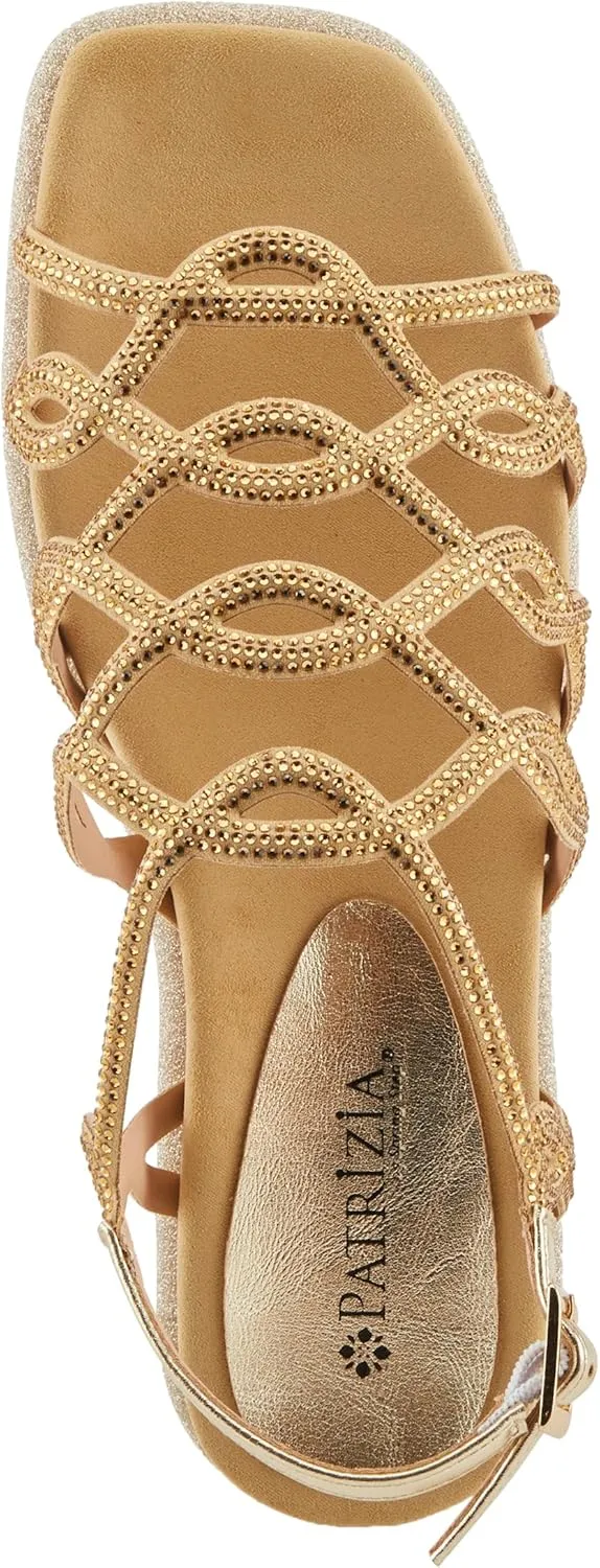 PATRIZIA Women's GLAMGLOSS Flat Sandal – Jeweled Rhinestone Microsuede Open Toe Sandals with Adjustable Buckle