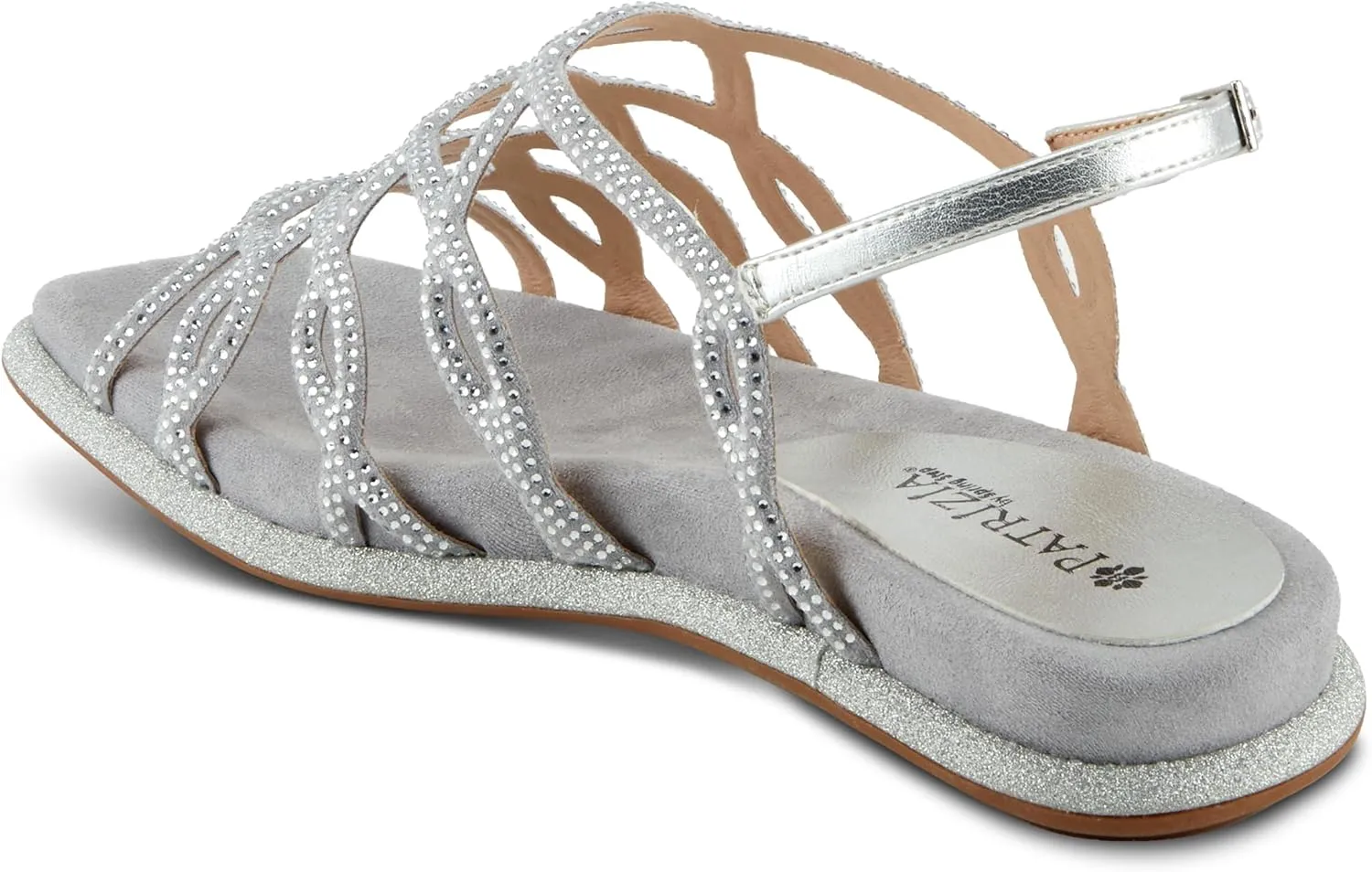 PATRIZIA Women's GLAMGLOSS Flat Sandal – Jeweled Rhinestone Microsuede Open Toe Sandals with Adjustable Buckle