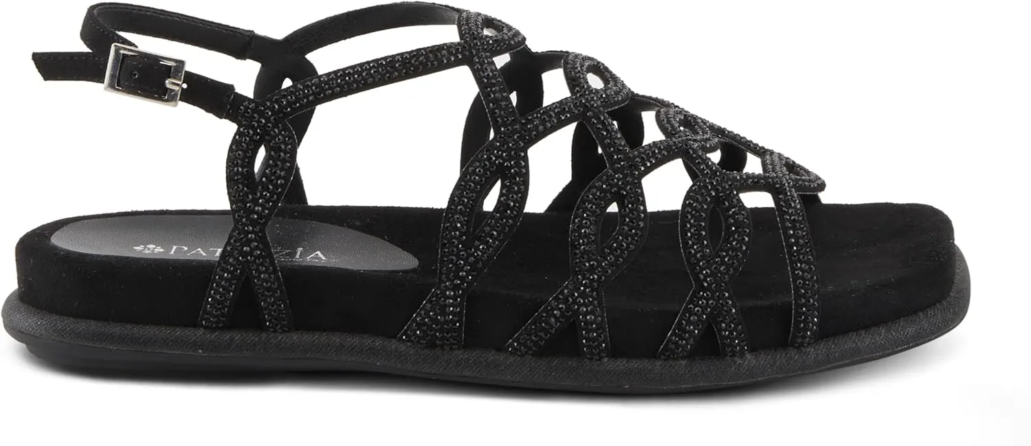 PATRIZIA Women's GLAMGLOSS Flat Sandal – Jeweled Rhinestone Microsuede Open Toe Sandals with Adjustable Buckle