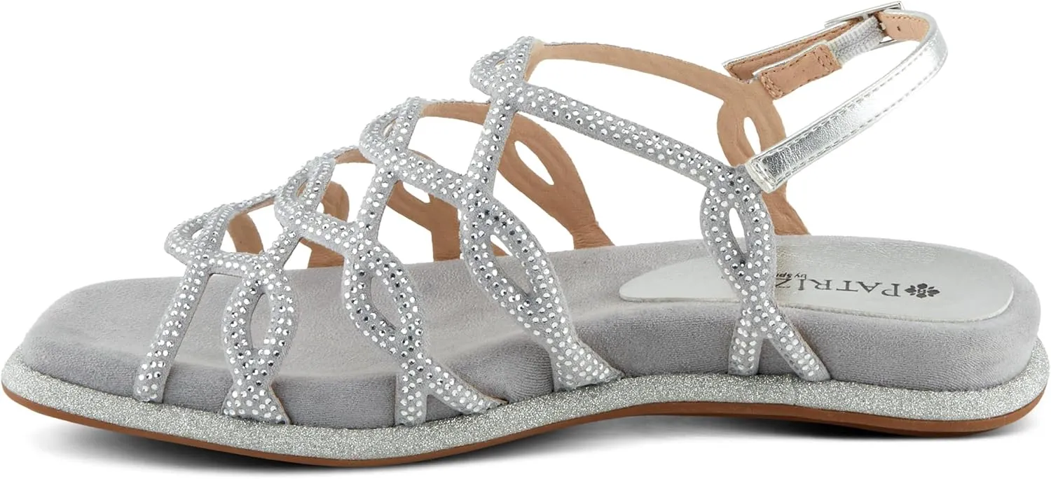 PATRIZIA Women's GLAMGLOSS Flat Sandal – Jeweled Rhinestone Microsuede Open Toe Sandals with Adjustable Buckle