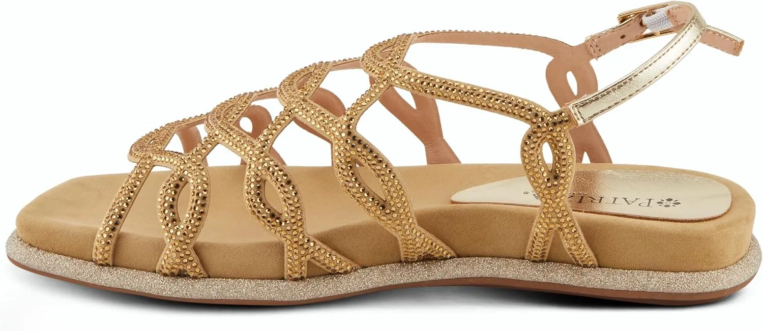 PATRIZIA Women's GLAMGLOSS Flat Sandal – Jeweled Rhinestone Microsuede Open Toe Sandals with Adjustable Buckle