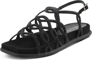 PATRIZIA Women's GLAMGLOSS Flat Sandal – Jeweled Rhinestone Microsuede Open Toe Sandals with Adjustable Buckle