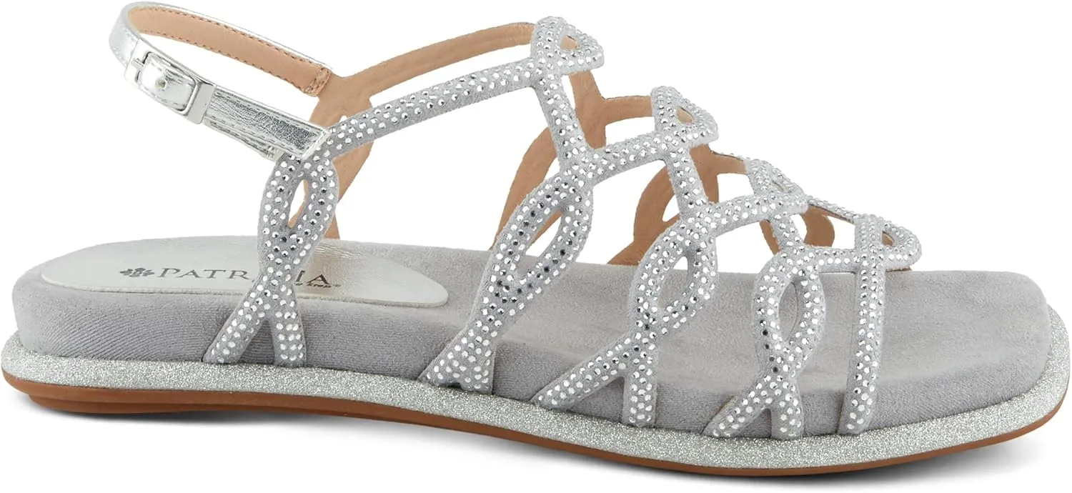 PATRIZIA Women's GLAMGLOSS Flat Sandal – Jeweled Rhinestone Microsuede Open Toe Sandals with Adjustable Buckle