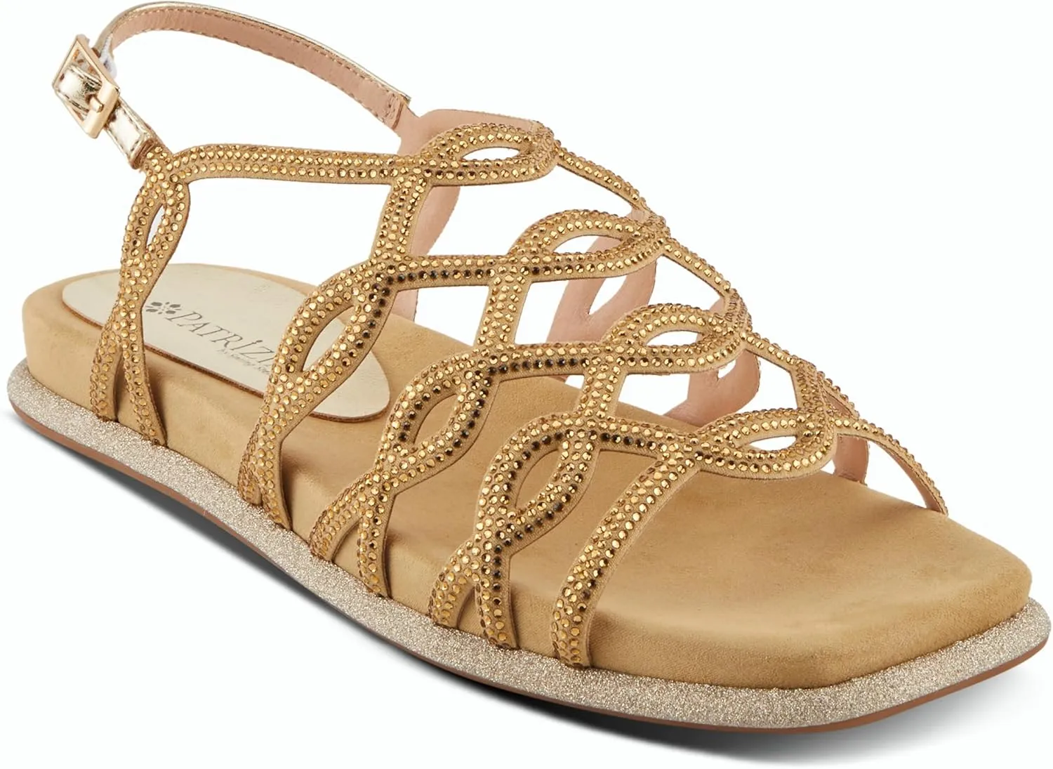 PATRIZIA Women's GLAMGLOSS Flat Sandal – Jeweled Rhinestone Microsuede Open Toe Sandals with Adjustable Buckle