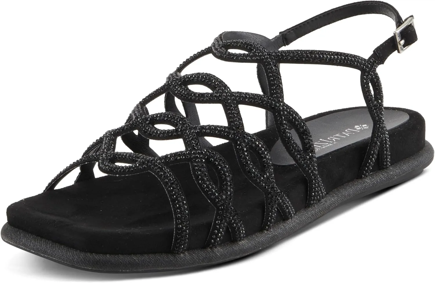 PATRIZIA Women's GLAMGLOSS Flat Sandal – Jeweled Rhinestone Microsuede Open Toe Sandals with Adjustable Buckle