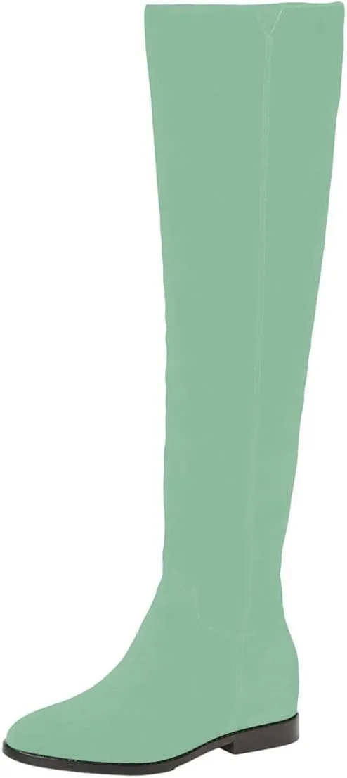 Pazzion Women Almond Toe Knee High Boots Partial Zippers Stretchy Cold Weather Warm Flat Long Boot Dressy Prom Office Shoes Size 4-16 US