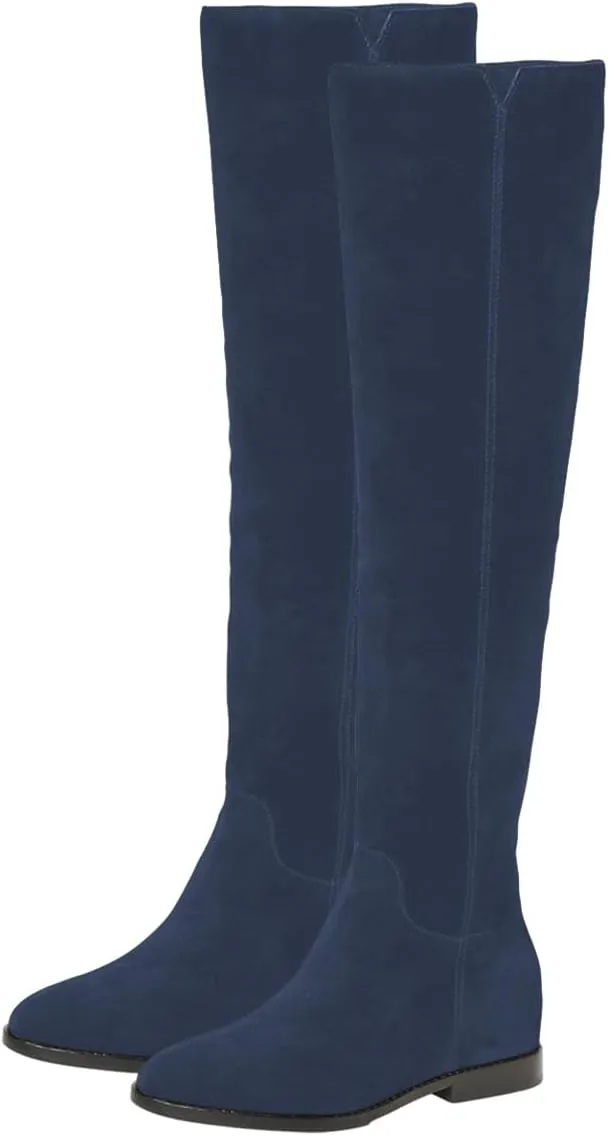 Pazzion Women Almond Toe Knee High Boots Partial Zippers Stretchy Cold Weather Warm Flat Long Boot Dressy Prom Office Shoes Size 4-16 US