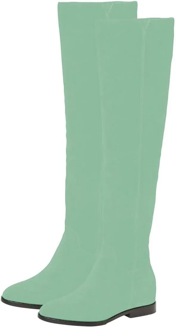 Pazzion Women Almond Toe Knee High Boots Partial Zippers Stretchy Cold Weather Warm Flat Long Boot Dressy Prom Office Shoes Size 4-16 US
