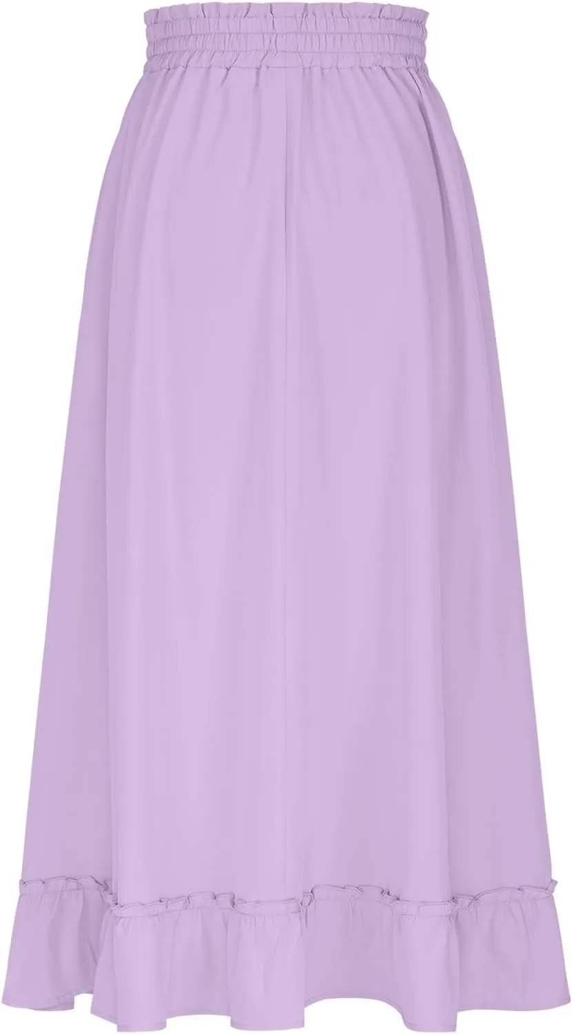 PBNBP High Waist Tiered Skirts for Women Ruffle Flowy Midi Skirts with Pockets 2025 Fashion Trendy Pleated Beach Cover Ups