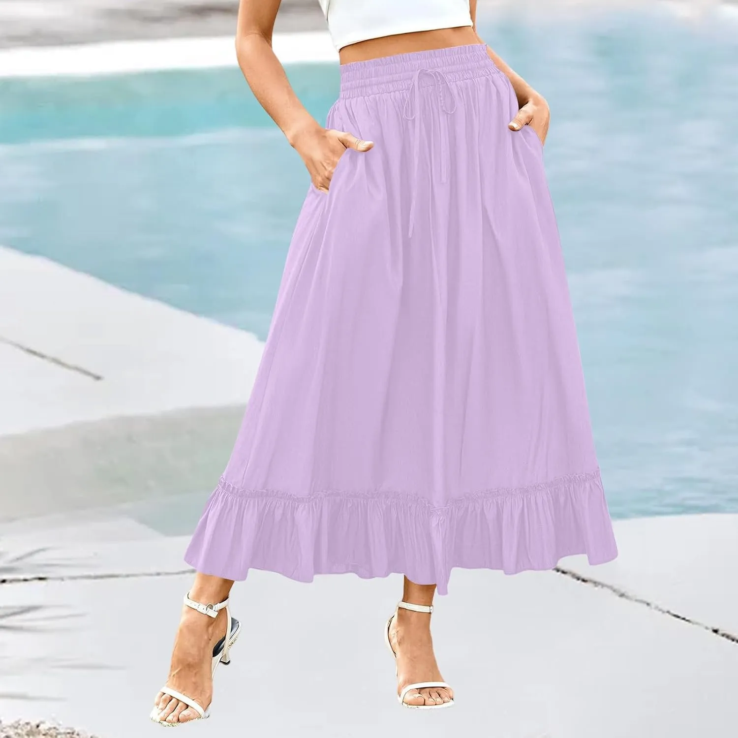 PBNBP High Waist Tiered Skirts for Women Ruffle Flowy Midi Skirts with Pockets 2025 Fashion Trendy Pleated Beach Cover Ups