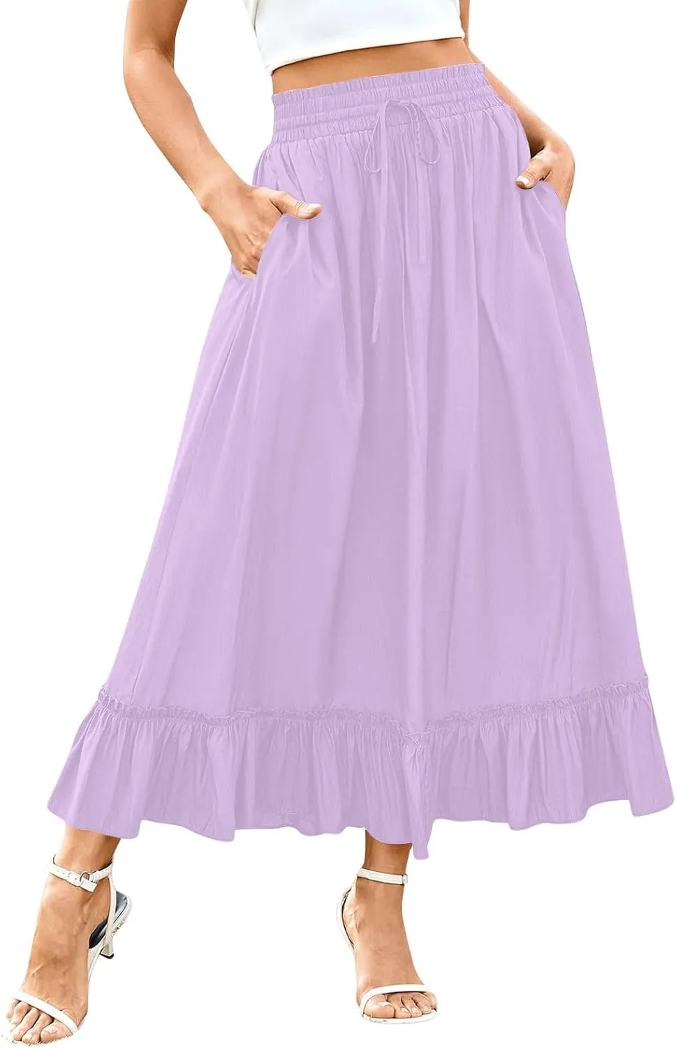 PBNBP High Waist Tiered Skirts for Women Ruffle Flowy Midi Skirts with Pockets 2025 Fashion Trendy Pleated Beach Cover Ups