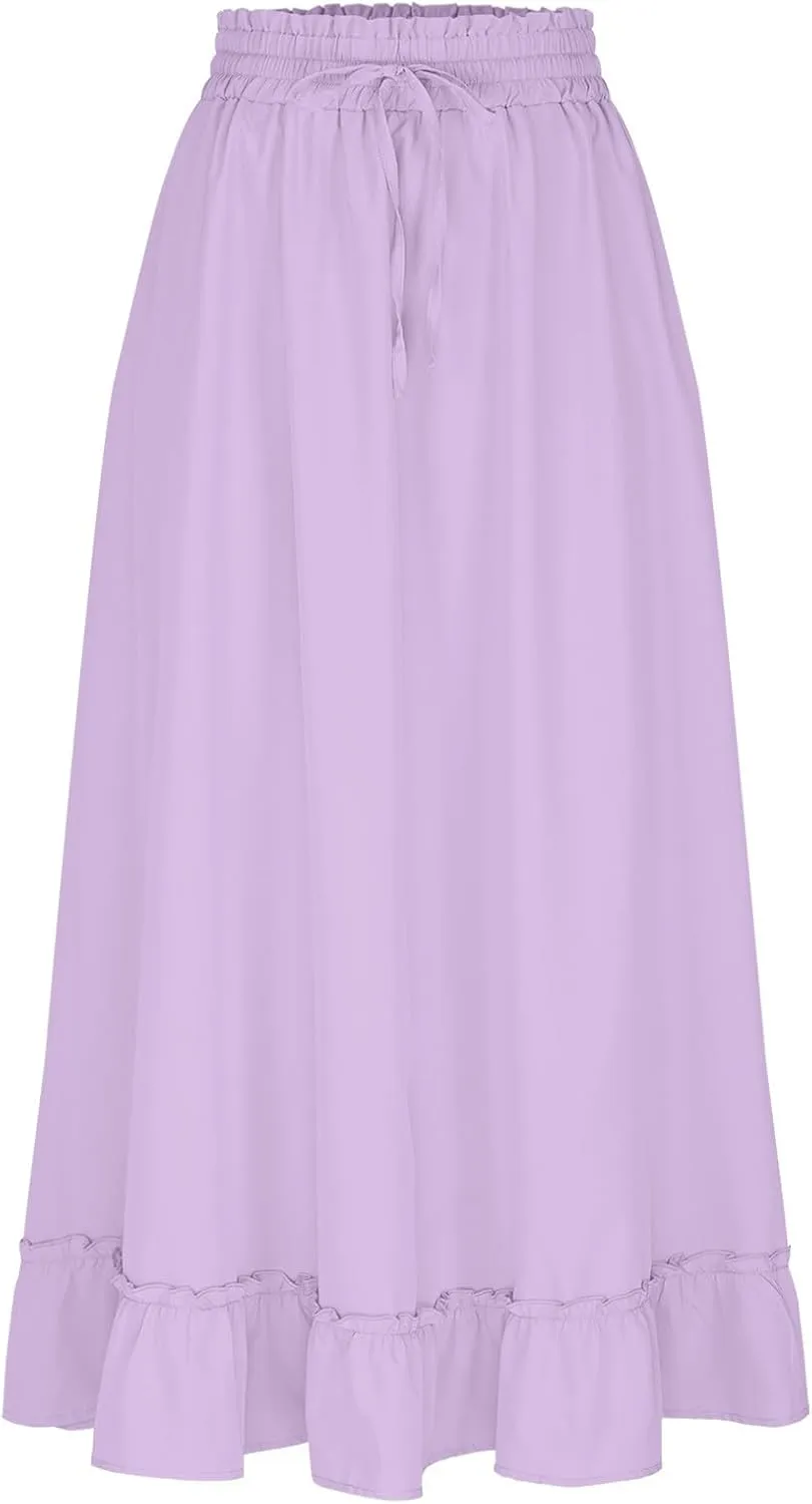 PBNBP High Waist Tiered Skirts for Women Ruffle Flowy Midi Skirts with Pockets 2025 Fashion Trendy Pleated Beach Cover Ups