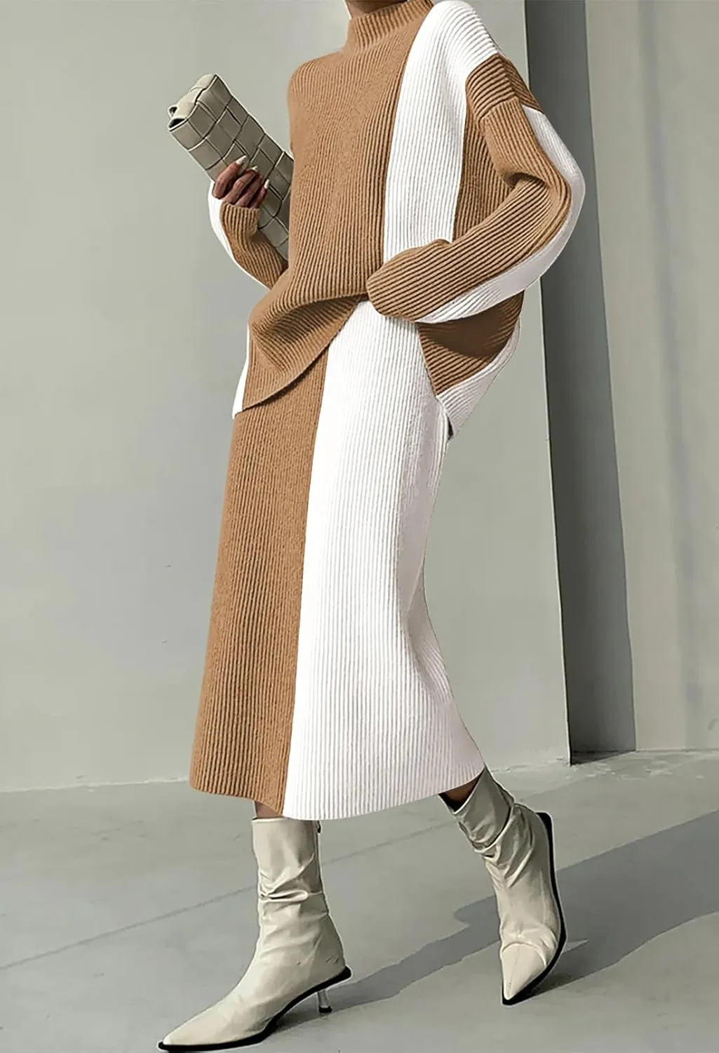 Pink Queen Women's 2 Piece Outfits 2024 Fall Winter Sweater Skirt Set Long Sleeve Oversized Top High Waist Color Block Dress