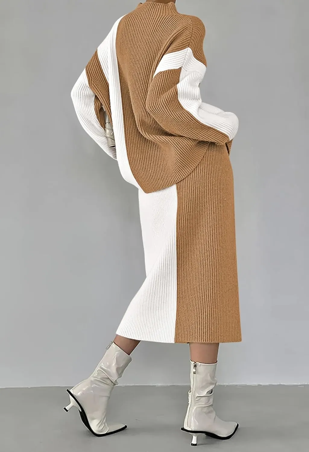 Pink Queen Women's 2 Piece Outfits 2024 Fall Winter Sweater Skirt Set Long Sleeve Oversized Top High Waist Color Block Dress