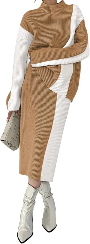 Pink Queen Women's 2 Piece Outfits 2024 Fall Winter Sweater Skirt Set Long Sleeve Oversized Top High Waist Color Block Dress