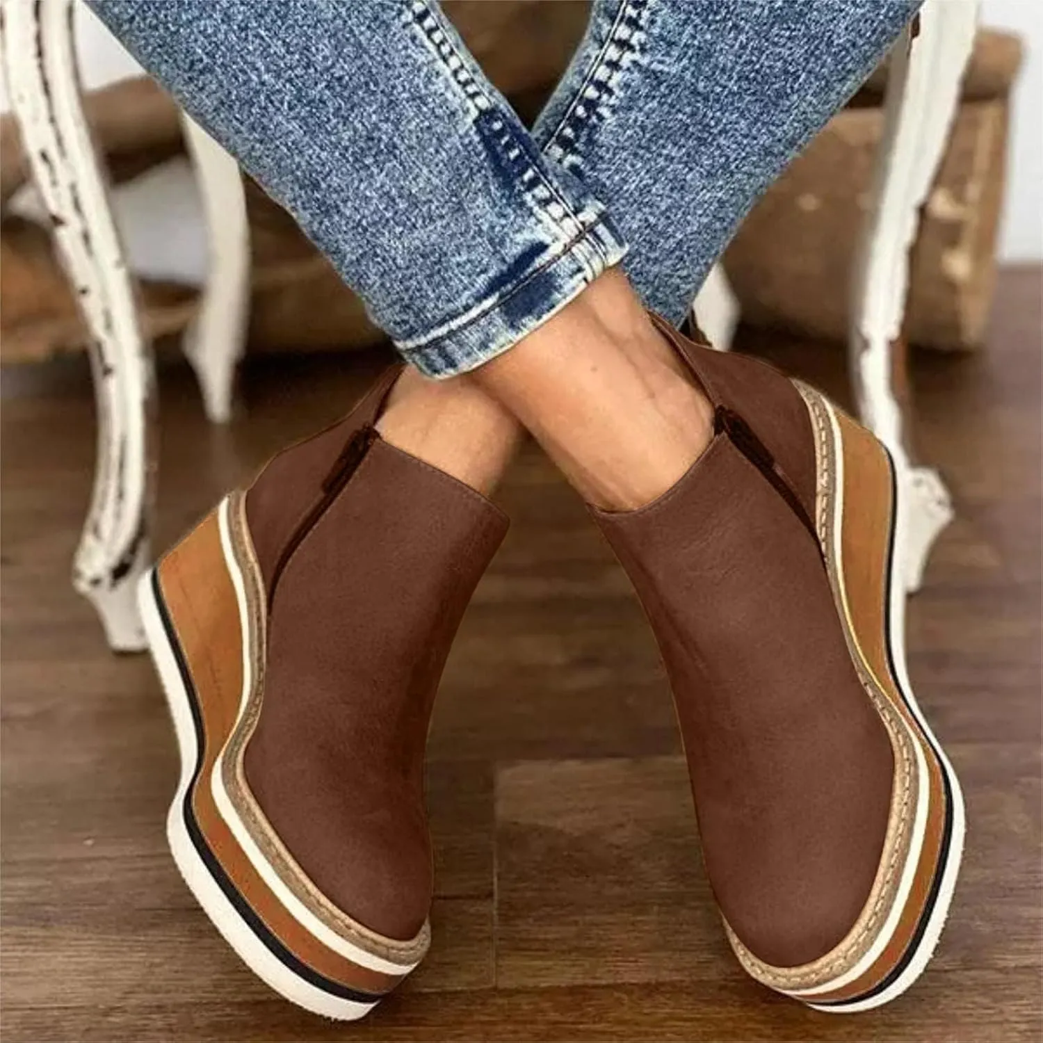 Platform Wedge Ankle Booties for Women, Ladies Fashion Casual Leather Round Toe Chunky Bottom High Heels Ankle Boots,Winter Fall Dress Short Boots Fashion High Top Sneakers Walking Shoes
