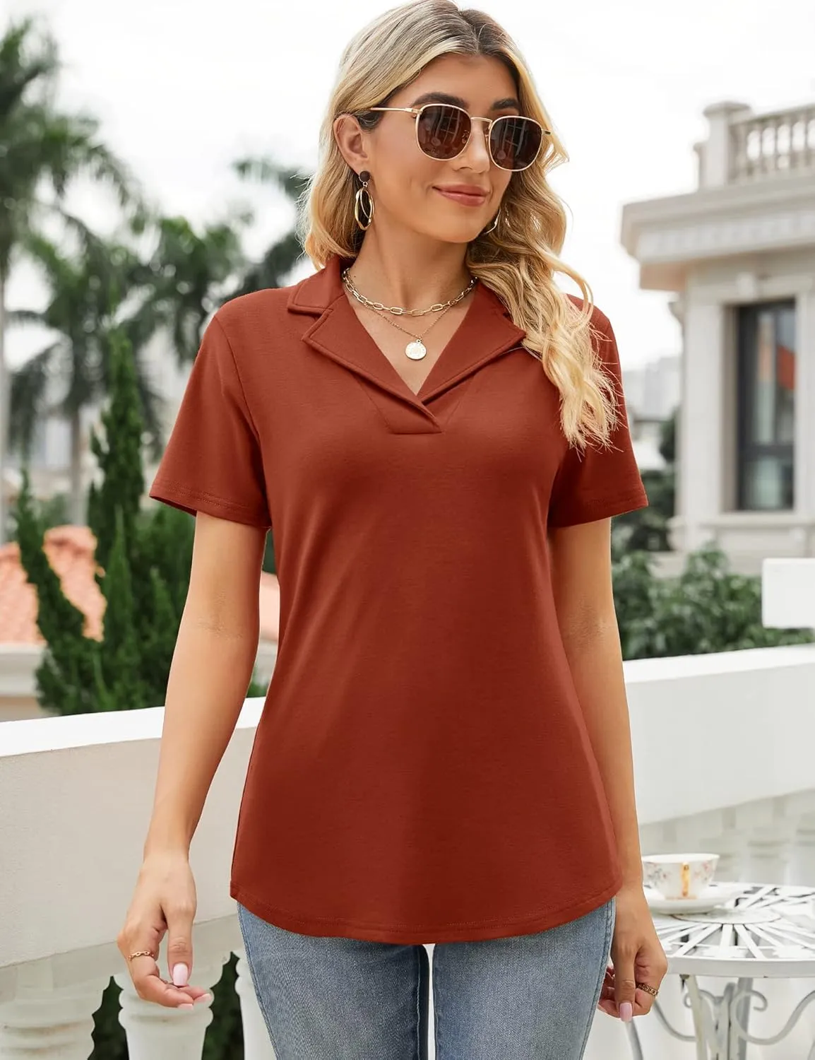 Rapbin Women's Polo Shirts Lapel Collar V Neck Short Sleeve Blouse Dressy Casual Tunic Tops