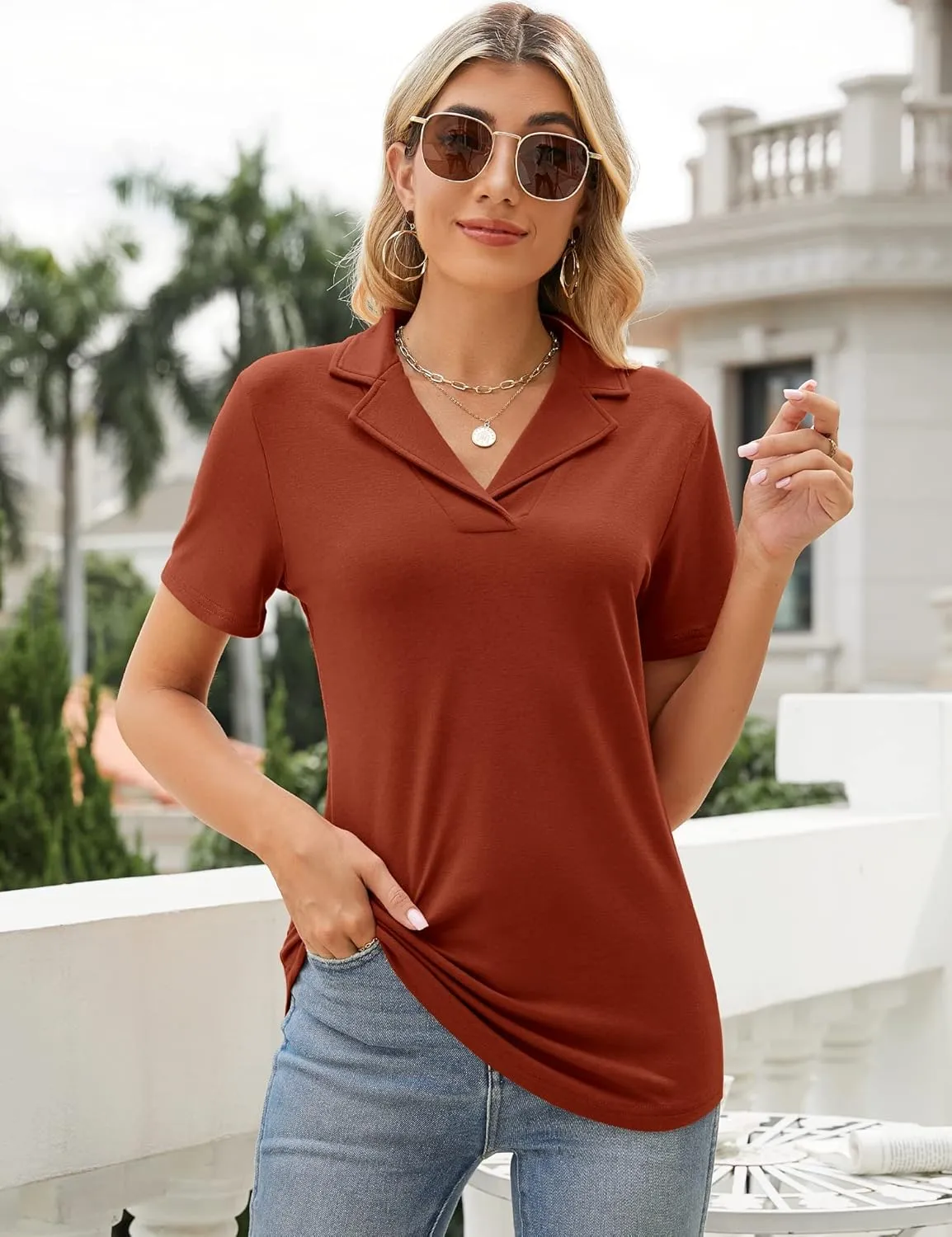 Rapbin Women's Polo Shirts Lapel Collar V Neck Short Sleeve Blouse Dressy Casual Tunic Tops
