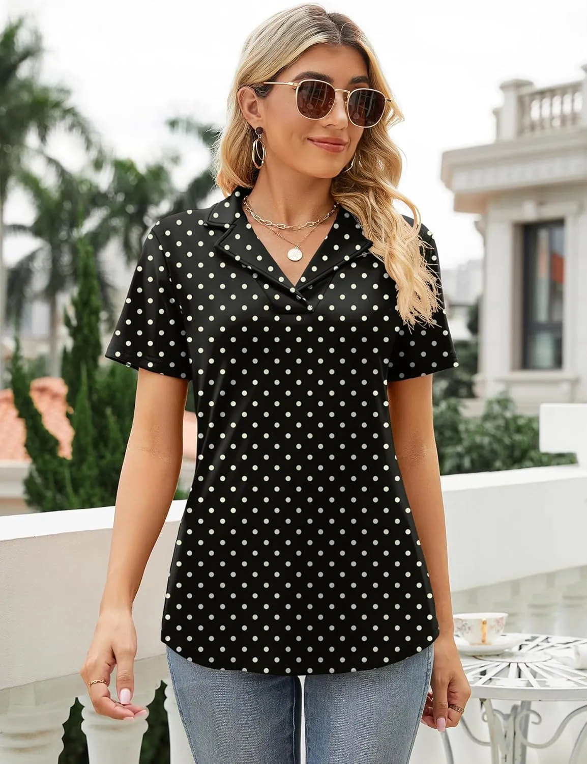 Rapbin Women's Polo Shirts Lapel Collar V Neck Short Sleeve Blouse Dressy Casual Tunic Tops